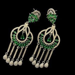NEW Green Dioptase chandelier earrings.925 silver. Special occasion & wedding.